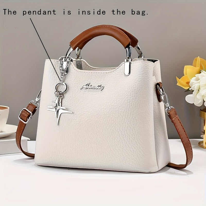 Women's PU Leather Top-Handle Crossbody Handbag with Textured Finish, Pendant Charm & 8.66-Inch Width