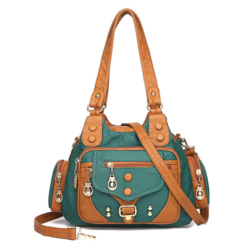 Women's Crossbody Handbag in Colorblock Washed PU with Stud Accents, Top Handles and Multi-Layer Storage