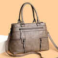 Women's Large Washed PU Leather Tote Crossbody Bag with Multi-Zip Pockets & Removable Strap