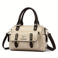 Vintage PU Leather Crossbody Boston Satchel with Buckle Pocket, Stud Details, Zip Top & 5 Colors