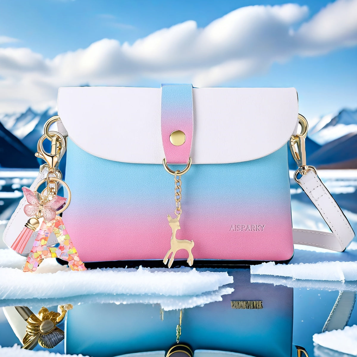 Mini PU Leather Bow Crossbody Bag with Magnetic Flap, Detachable Strap & Keychain in Gradient and Pink Styles