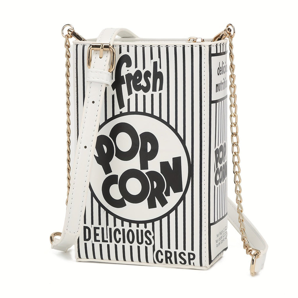 Popcorn Box Novelty Crossbody Bag with Structured PU Body, Gold Chain and Adjustable Strap in 3 Colors