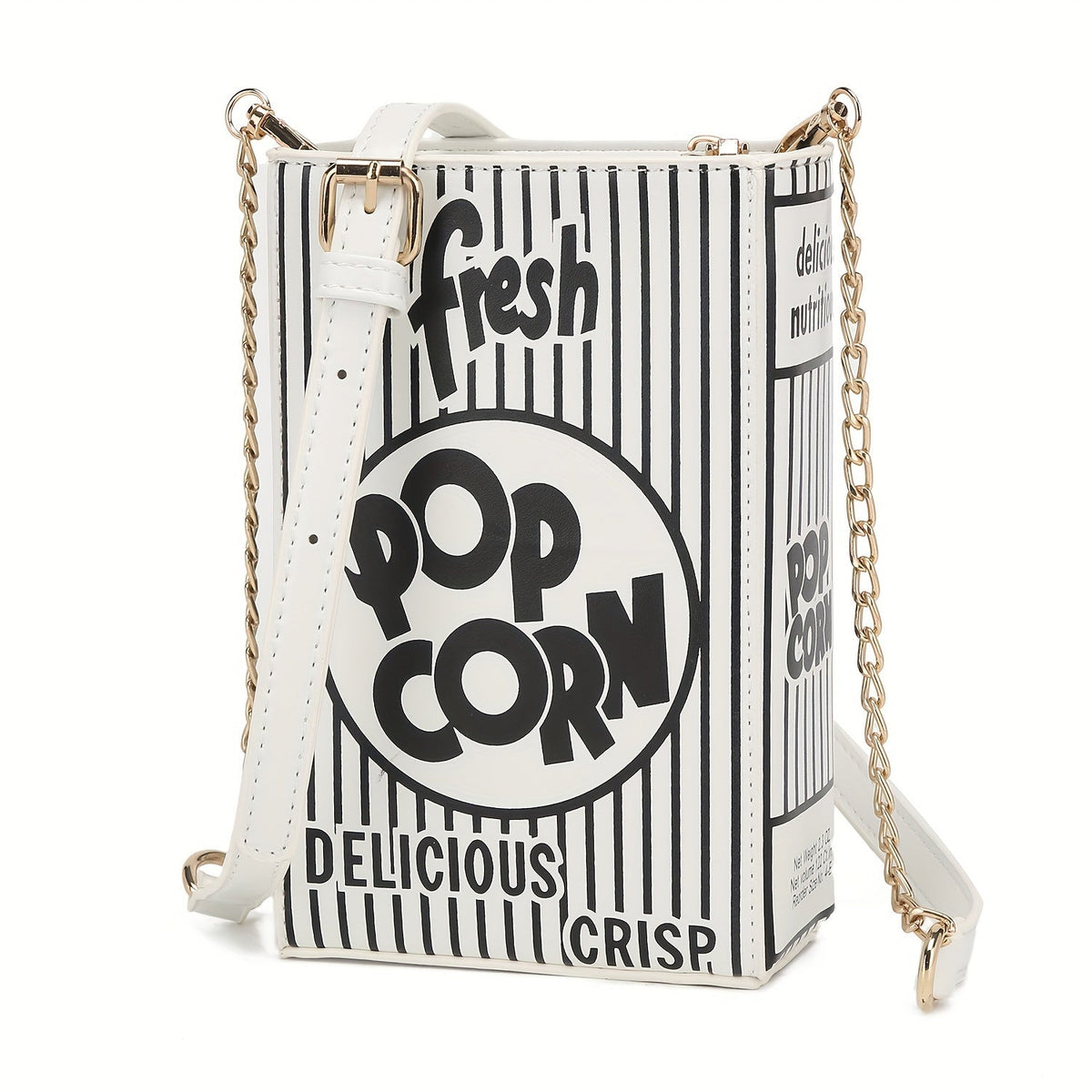Popcorn Box Novelty Crossbody Bag with Structured PU Body, Gold Chain and Adjustable Strap in 3 Colors