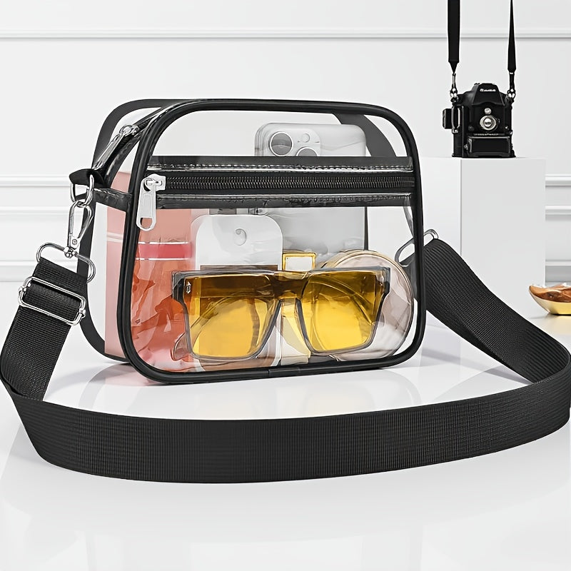Clear PVC Stadium Crossbody Bag with Black Trim, Zip Closure, Adjustable Strap and Front Pocket