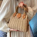 Straw Crossbody Bag with Woven Check Pattern, Bamboo Handles, Buckle Closure & Long Strap for Beach and Resort Travel