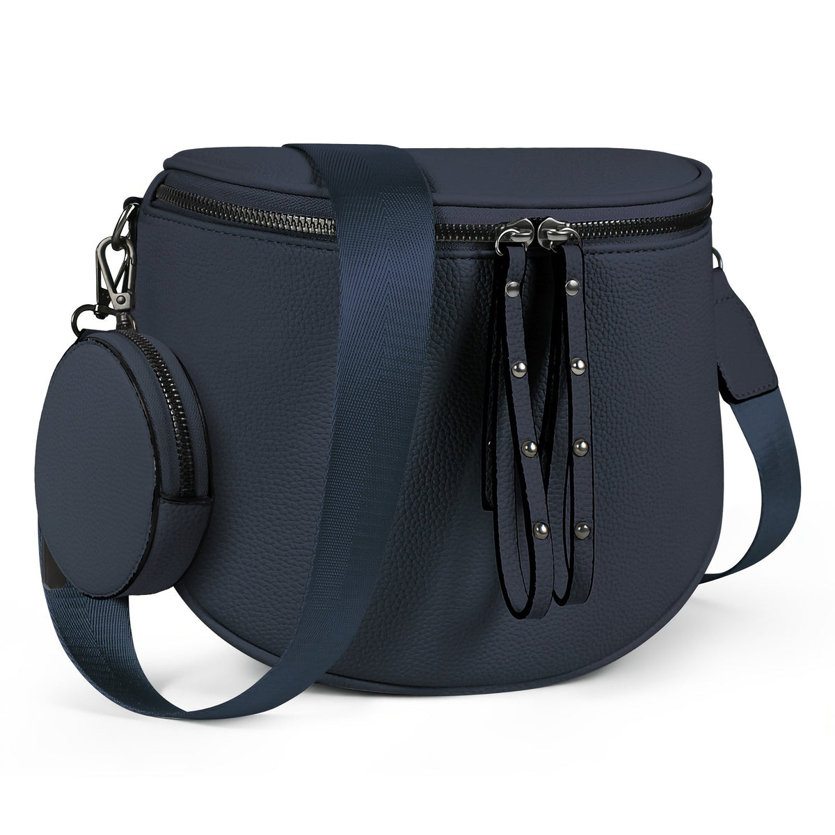 Tassel-Trim Saddle Crossbody Bag with Round Coin Pouch, Adjustable Strap and 10 Color Options