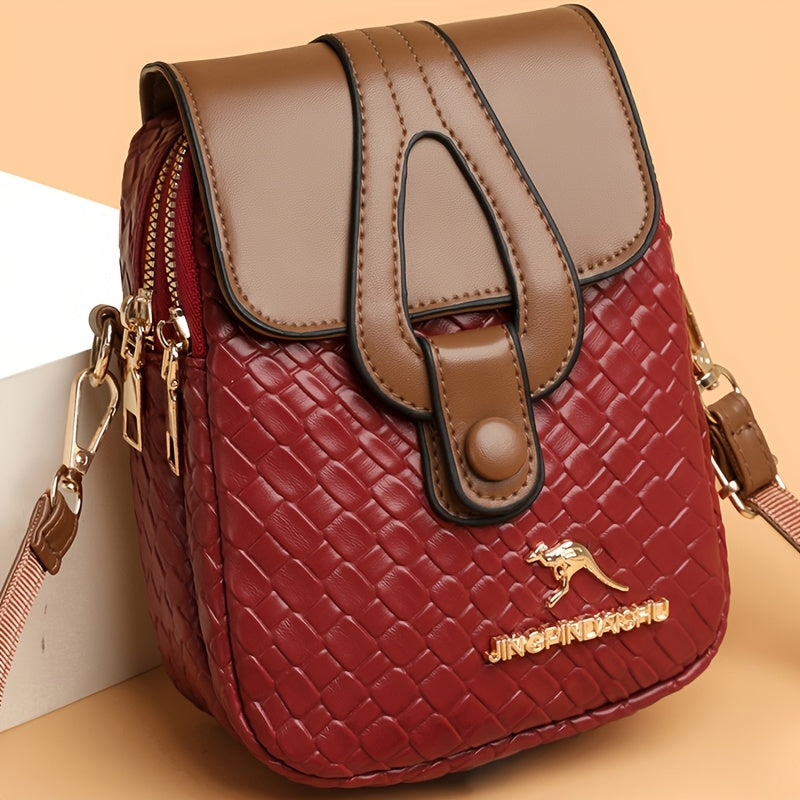 Woven-Texture Small Square Crossbody Bag with Top Handle, Front Flap and Detachable Strap in 3 Colors