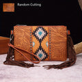 Women's Crossbody Bag with Western Embossed Fringe, Woven Aztec Panel, Stud Trim & 3 Color Options