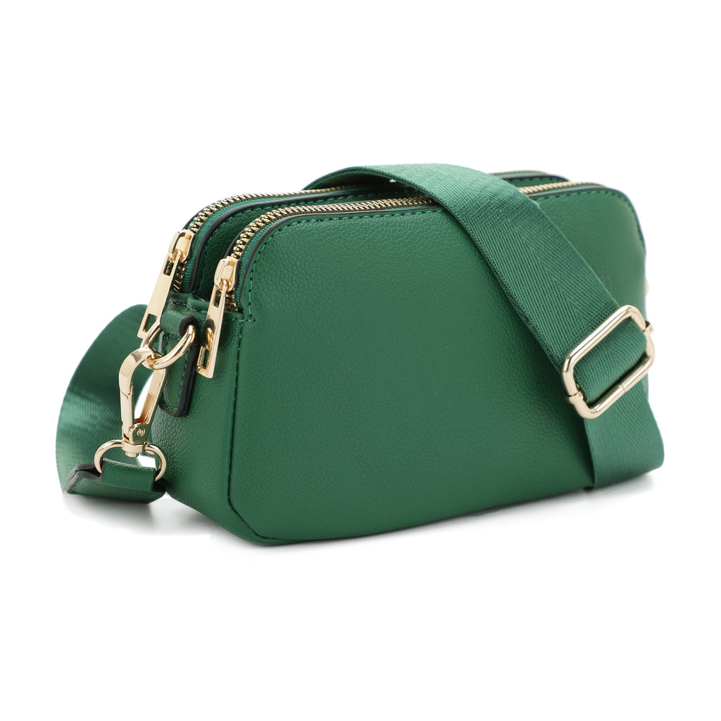 Crossbody Bag in Pebbled Vegan Leather with Triple-Zip Storage, Tassel Pull, Adjustable Strap and 8 Colors