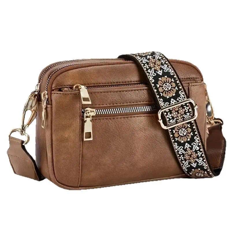 Women's Boho Vegan Leather Crossbody Bag with Wide Woven Strap, Zip Pockets & Five Variants