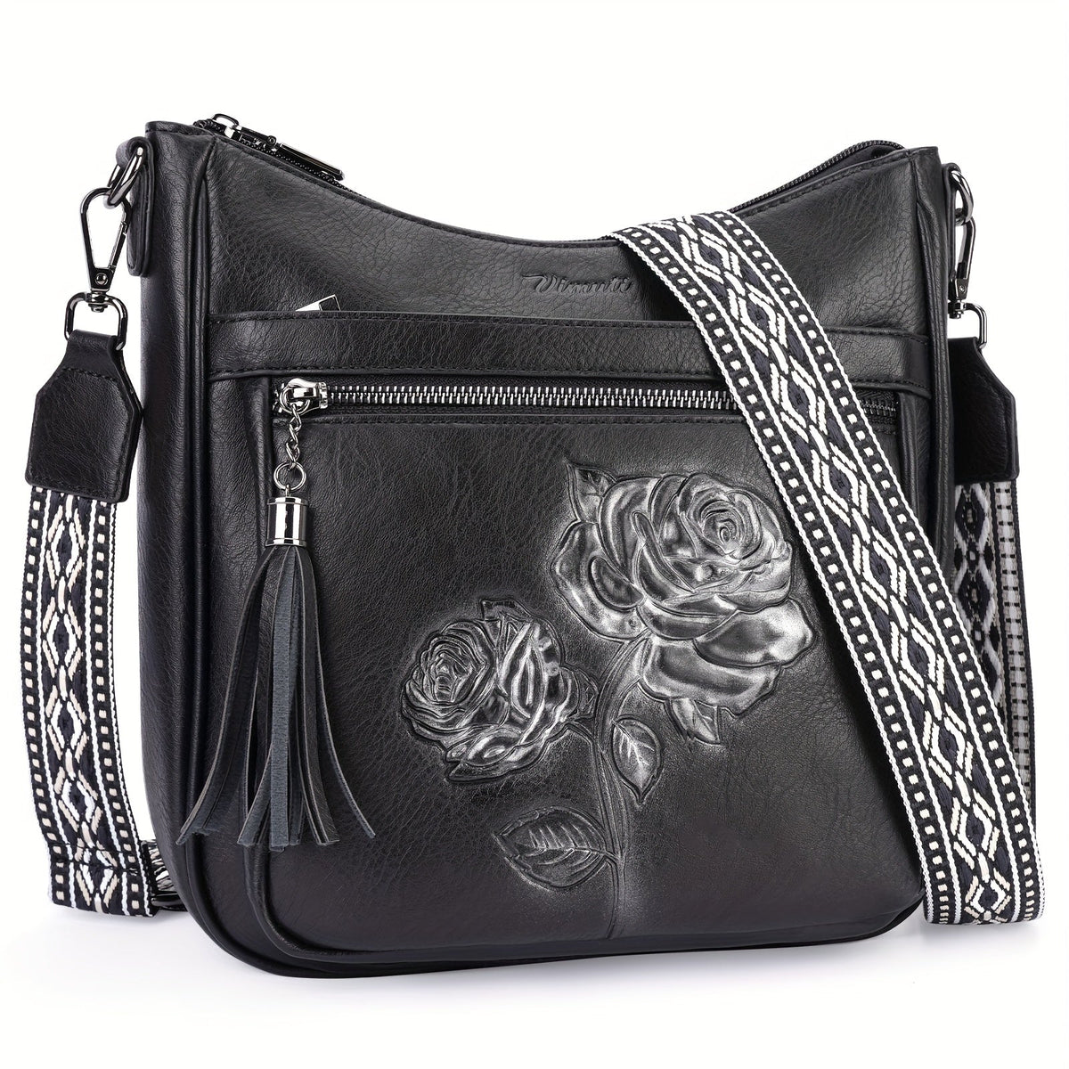 Floral-Embossed Vegan Leather Crossbody Bag with Rose Panel, Tassel Zippers & Wide Patterned Strap