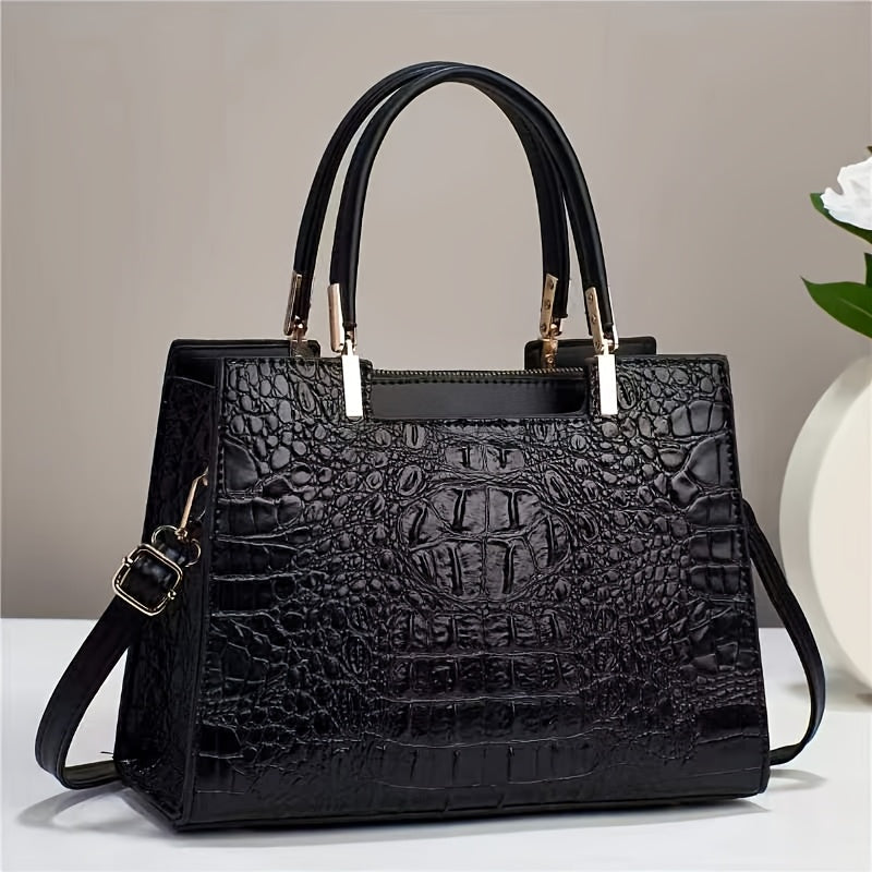 Crocodile-Embossed Structured Crossbody Satchel with Twin Top Handles, Zip Closure, 11.8-Inch Body & 5 Colors