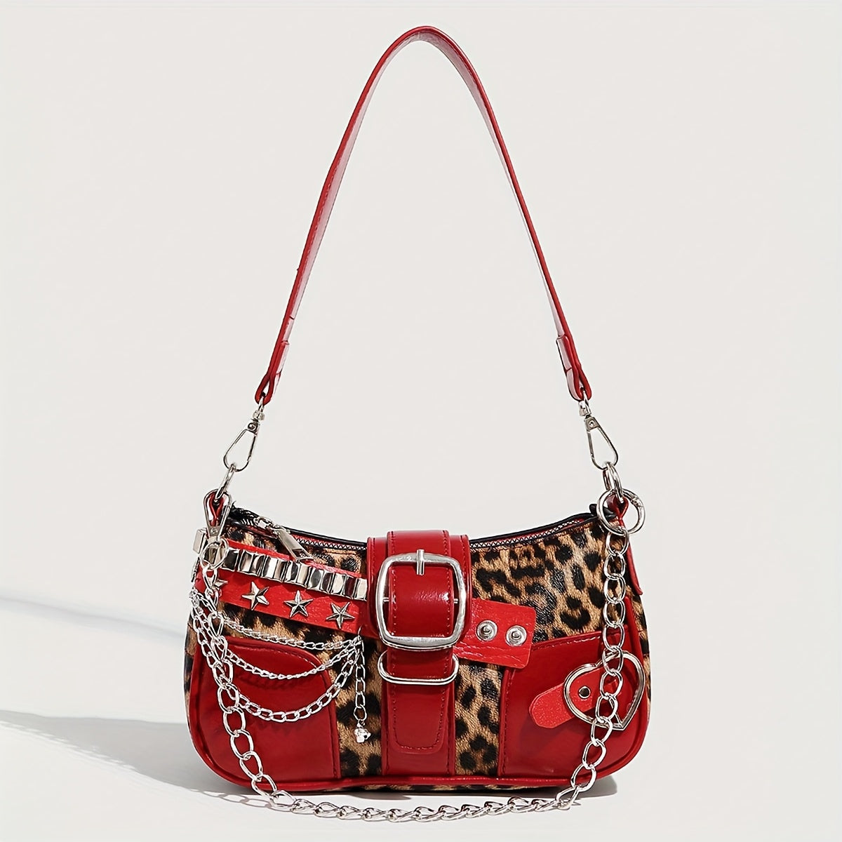 Y2K Leopard Print Baguette Crossbody Bag with Patchwork Panels, Chain Strap and Star Accents in 3 Colors