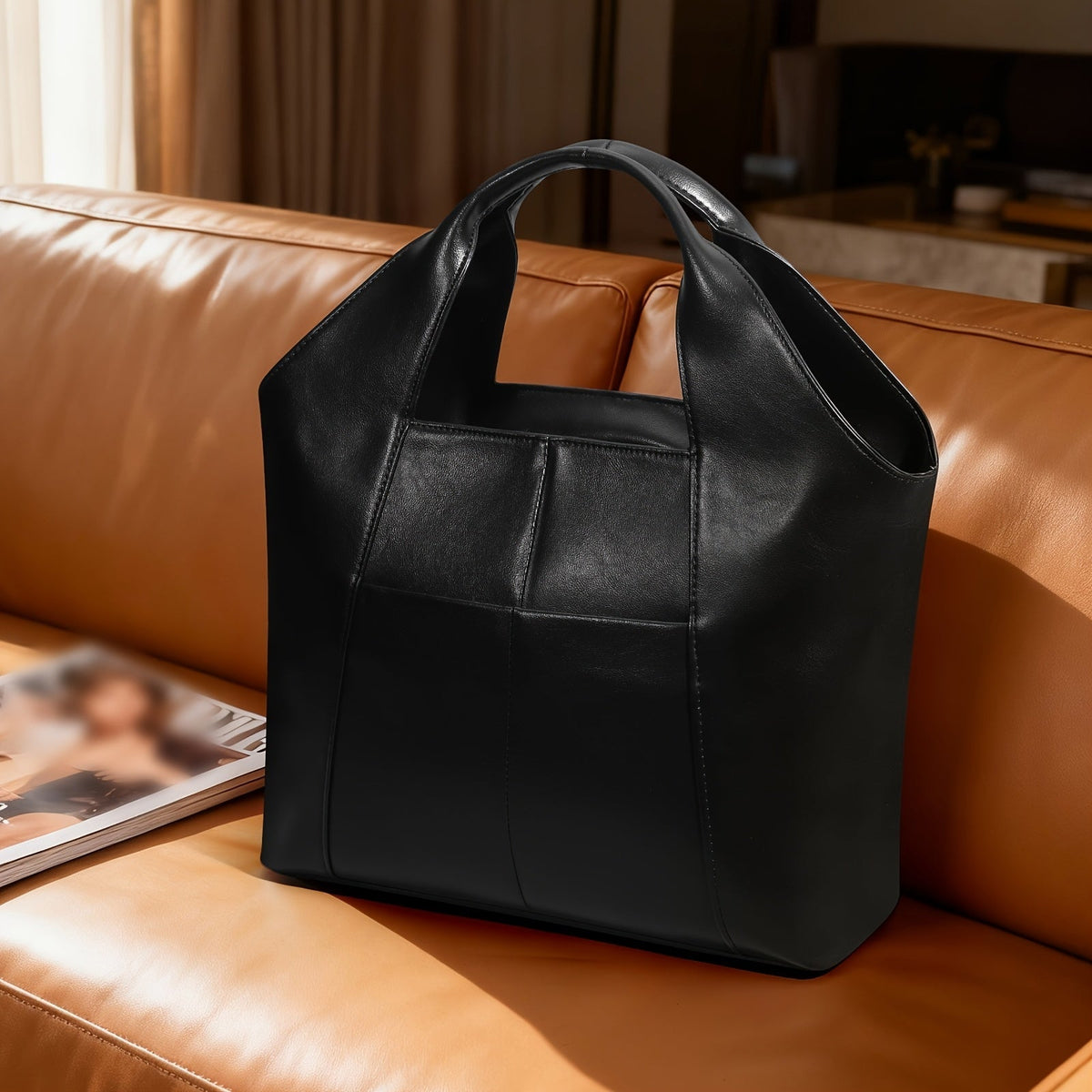 Handbag Structured Smooth-Grain Satchel with Two Zip Compartments, Cutout Handles, Shoulder Strap and Three Colors