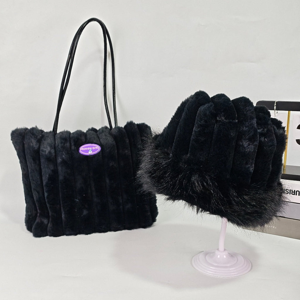 Shoulder Bag Two-Piece Fleece-Lined Tote and Matching Bucket Hat Set with Buckle Closure in Three Colors