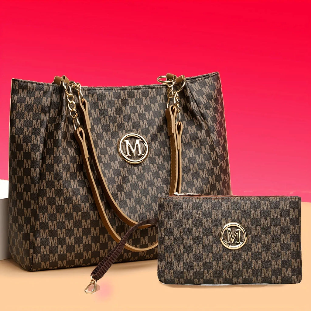 Shoulder Bag Two-Piece Lotus Pattern Set with Tote, Matching Purse and Three Color Options