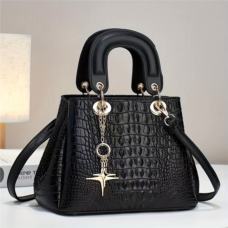 Shoulder Bag Crocodile-Texture Structured Satchel with Adjustable Strap and Five Color Options