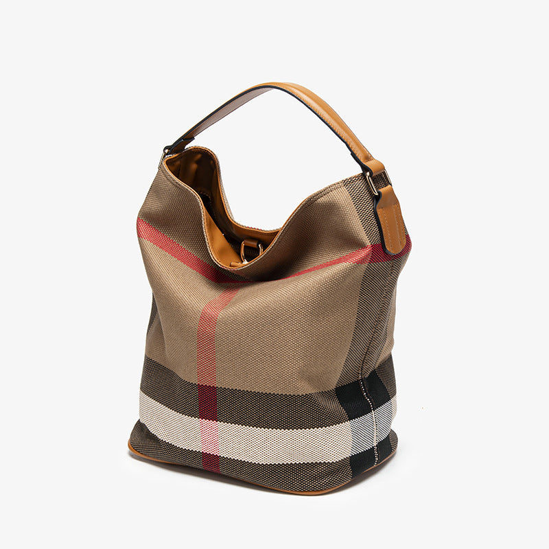 Shoulder Bag Orange Plaid Bucket Style with Front Buckle Detail for Work, Shopping and Travel