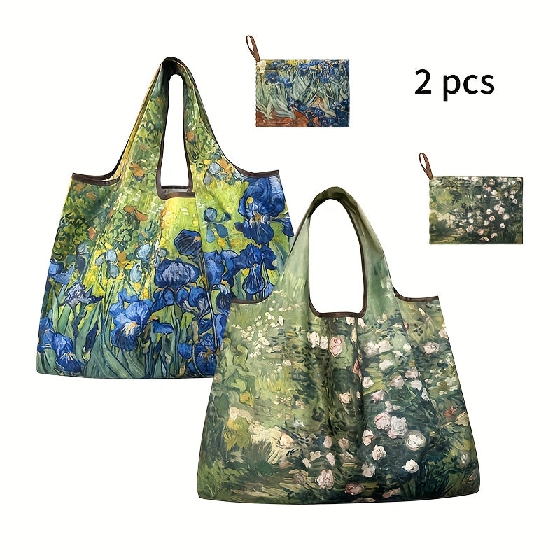 Tote Bag Purple Iris Floral 2-Pack Nylon Tote Bag Set with Foldable Body and Long Shoulder Handles for Travel