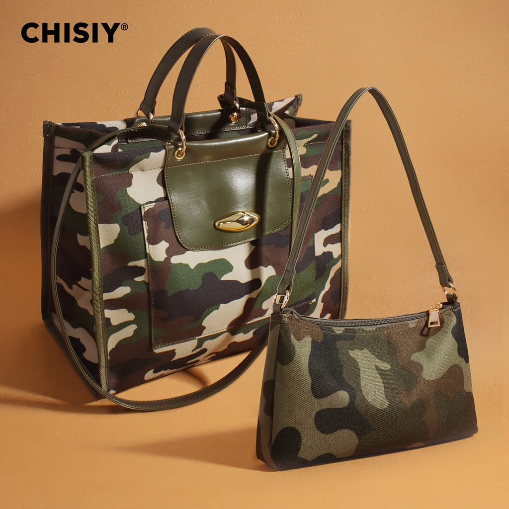 Tote Bag Apricot Camouflage 2-Piece Tote Bag Set with PU Trim, Large Capacity and Adjustable Strap for Travel