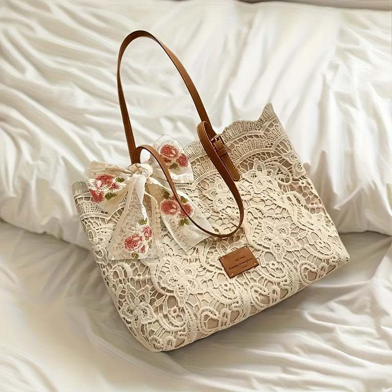 White Lace Floral Tote Bag with Kiss-Lock Frame, Adjustable Strap and Romantic Shoulder Carry
