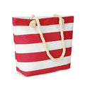 Tote Bag Striped Canvas Organizer Tote Bag with Multiple Exterior Pockets, Shoulder Handles & Red Trim