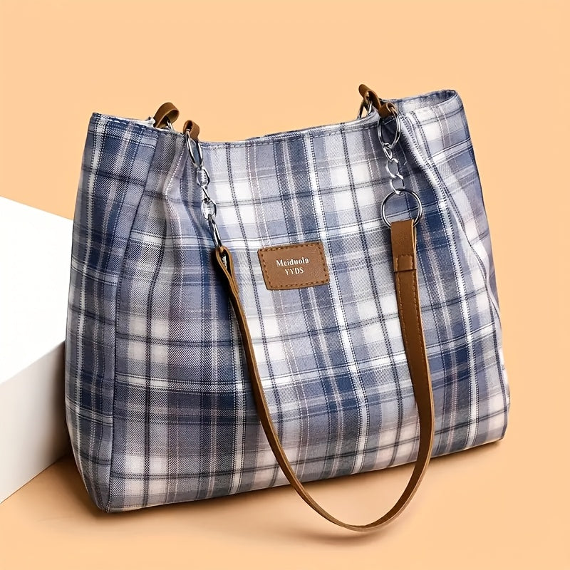 Blue Plaid Work and School Tote Bag with Large Interior, Zipper Top & Adjustable Shoulder Strap