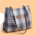 Blue Plaid Work and School Tote Bag with Large Interior, Zipper Top & Adjustable Shoulder Strap