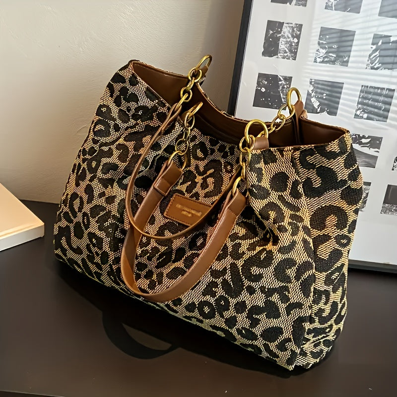 Leopard-Print Large Tote Bag with Zipper Closure, Gold-Tone Hardware and Polyester Lining for Work