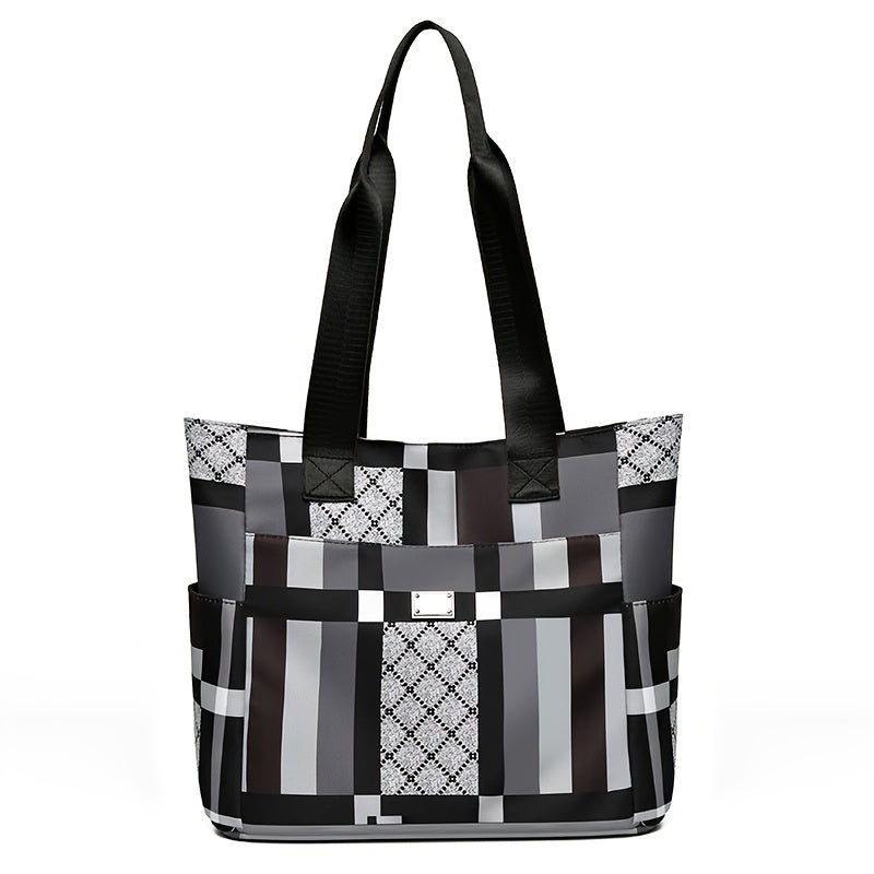 Geometric Checkered Large Tote Bag with Lightweight Body, Zipper Closure and 3 Bold Colors