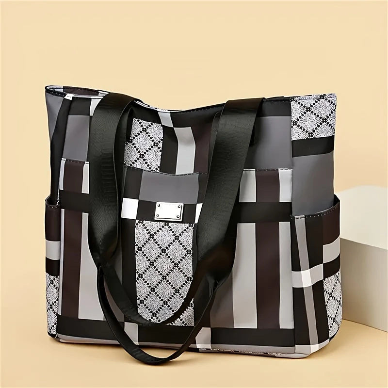 Large Foldable Nylon Tote Bag with Geometric Pattern, Zipper Closure and Black or Blue Finish