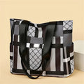 Large Foldable Nylon Tote Bag with Geometric Pattern, Zipper Closure and Black or Blue Finish