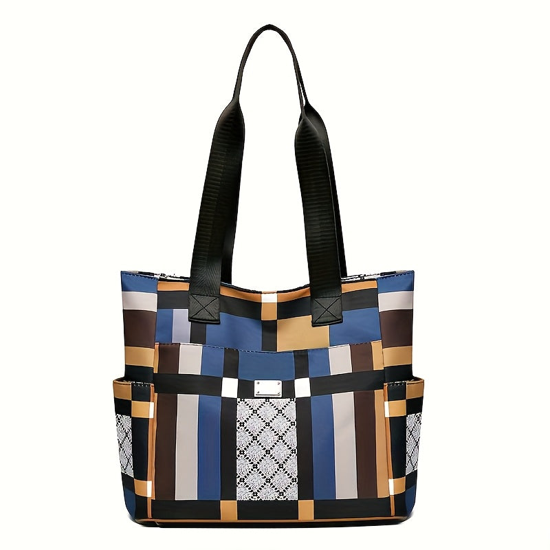 Foldable Nylon Tote Bag for Women with Geometric Check Pattern, Large Storage and 3 Color Options