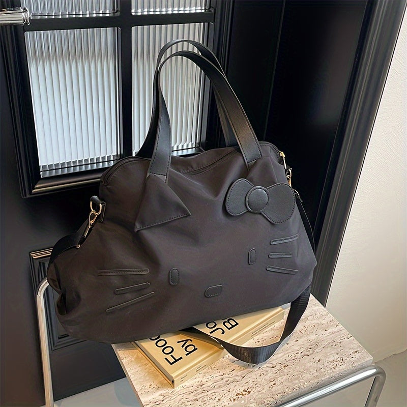 Tote Bag Black Character-Print Nylon Tote Bag with Large Capacity, Zipper and Detachable Shoulder Strap