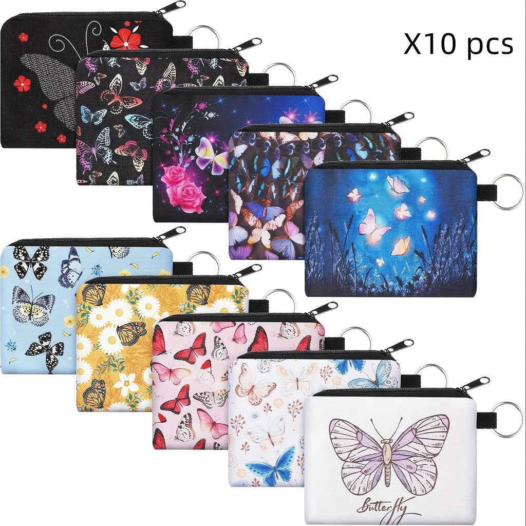Women's Wallet 10-Pack Butterfly Floral Mini Coin Purses with Zippers, Mixed Boho Prints & Gift-Ready Variety