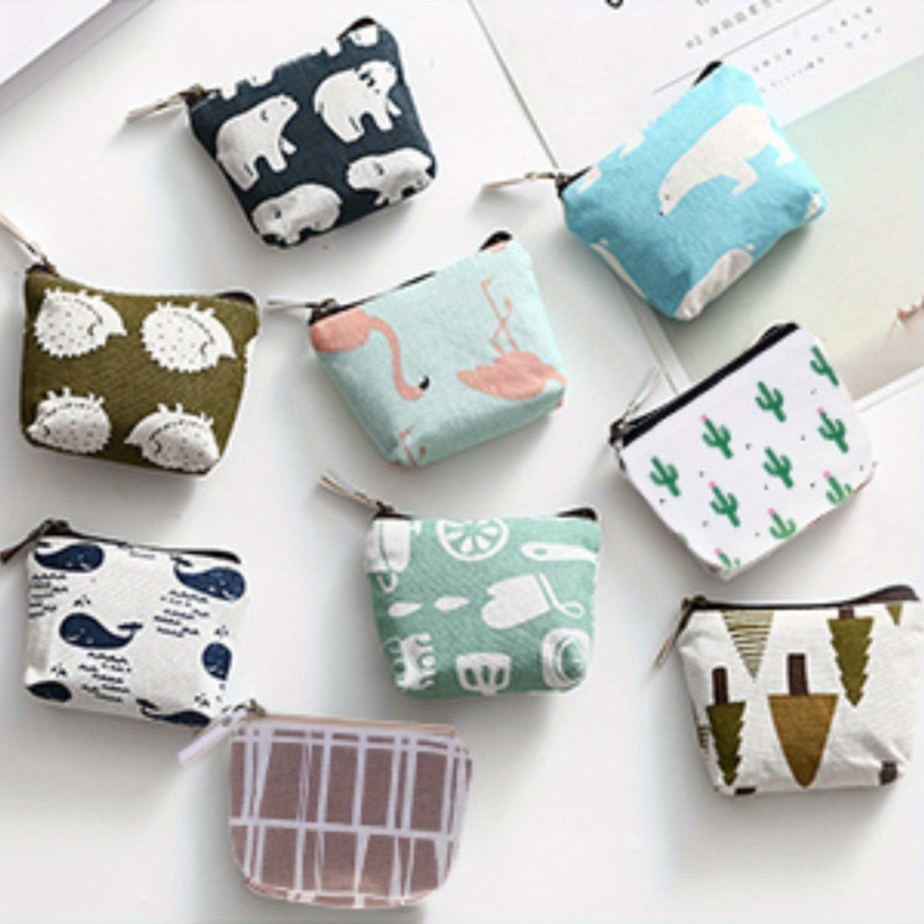 Women's Wallet 10-Pack Canvas Cat Mini Coin Purses with Zippers, Mixed Color Prints & Gift-Ready Bulk Variety