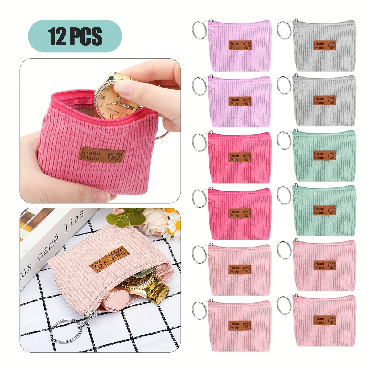 Women's Wallet 12-Pack Corduroy Mini Coin Purses with Zippers, Key Rings, Pastel Colors & Gift-Ready Variety