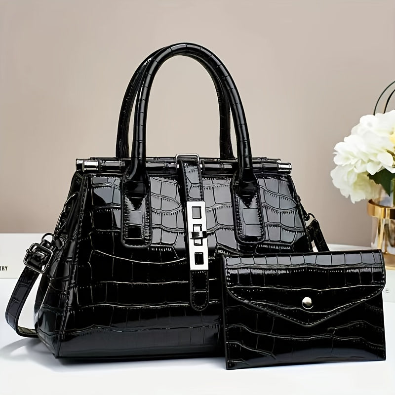 Women's Wallet, 2-Piece Crocodile Patent Tote and Wallet Set with Lock Clasp, Removable Strap and 4 Rich Colors