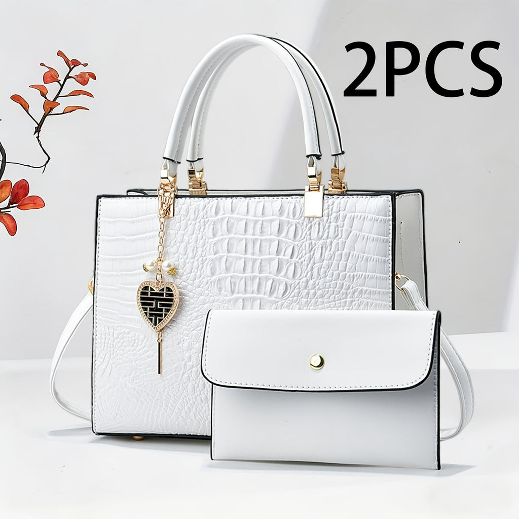 Women's Wallet Two-Piece Wallet and White Croc-Embossed Tote Set for Women with Matching Clutch and Zip Closures