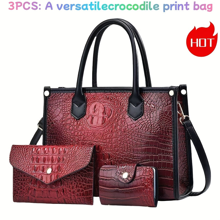 Women's Wallet Patent Crocodile 3-Piece Work Tote Wallet Set with Crossbody Bag, Card Case and 5 Colors for Work