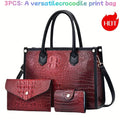 Women's Wallet Patent Crocodile 3-Piece Work Tote Wallet Set with Crossbody Bag, Card Case and 5 Colors for Work