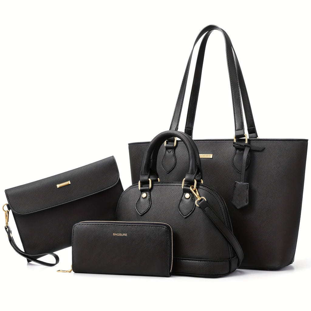 Women's Wallet Four-Piece Wallet and Vegan Leather Handbag Set for Women with Tote, Crossbody Purse and 6 Colors
