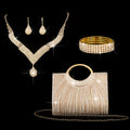 Women's Wallet, 4-Piece Glossy Striped Evening Clutch Jewelry Set with Necklace, Earrings, Bracelet & 2 Finishes