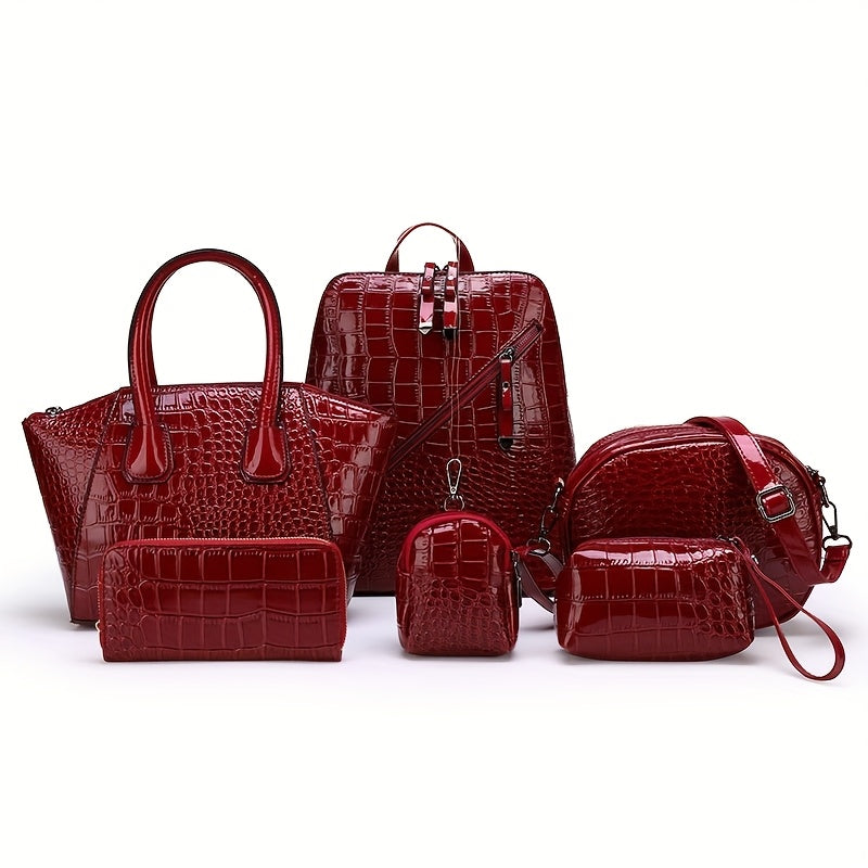 Women's Wallet Six-Piece Wallet and Croc-Embossed Handbag Set with Backpack, Tote, Clutch, Key Bag and 3 Colors