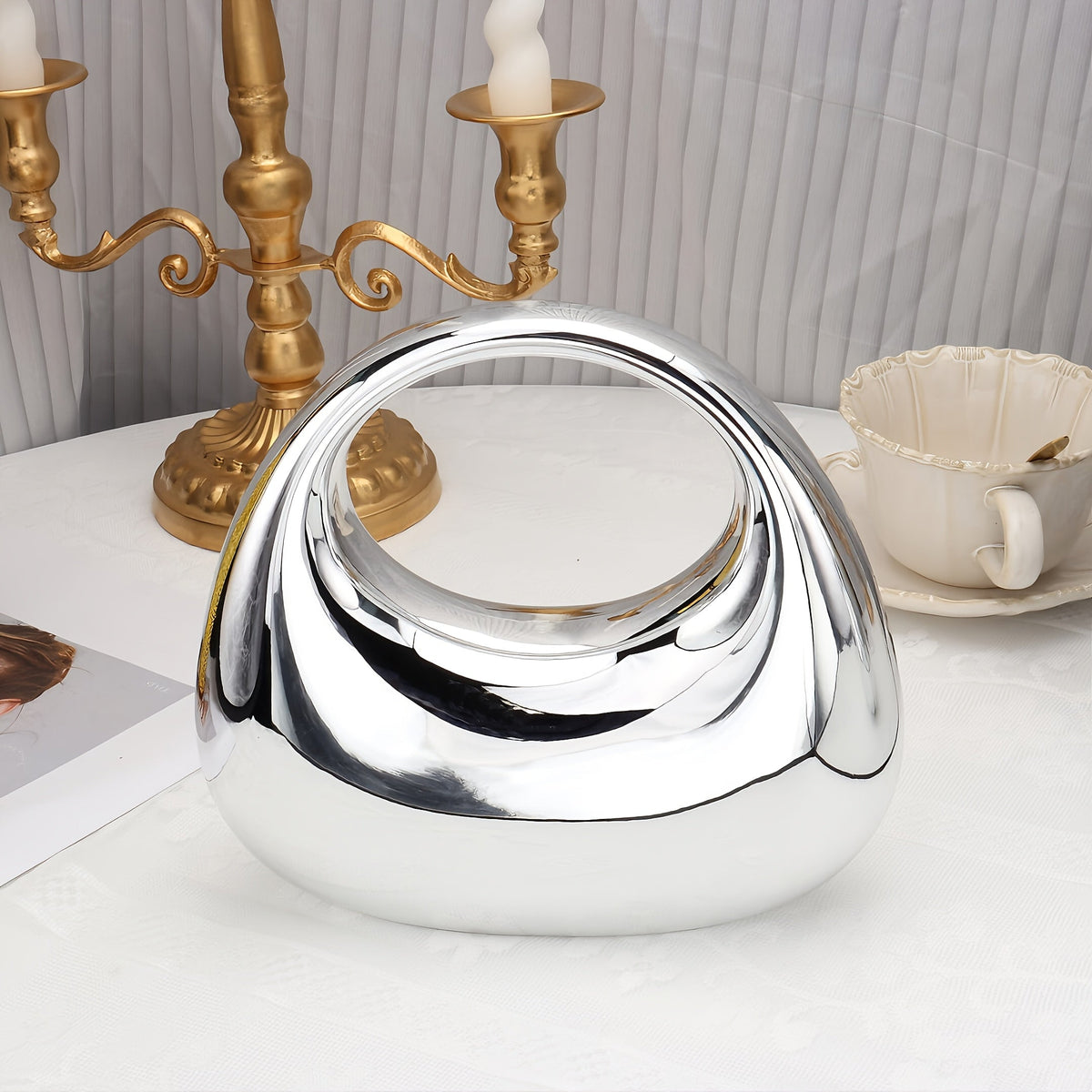 Women's Wallet, Sculptural Acrylic Ball-Shell Evening Clutch Bag with Magnetic Closure, Chain Strap & Silvery Finish