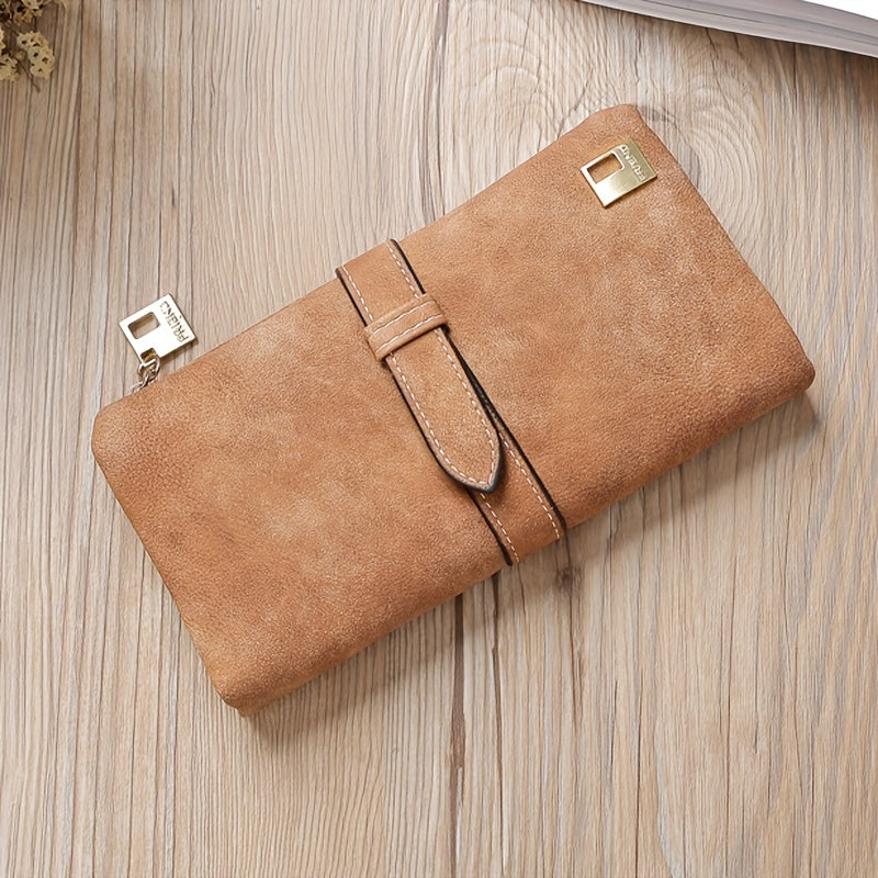 Women's Wallet Frosted Retro Long Clutch Wallet with Adjustable Buckle, Phone Compartment, Wristlet & 7 Colors