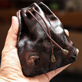 Women's Wallet, Compact Drawstring Coin Pouch Wallet with Rustic Stitching, Belt Clip & Coffee Finish