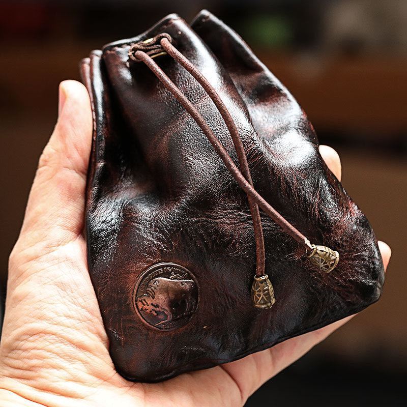 Women's Wallet, Compact Drawstring Coin Pouch Wallet with Rustic Stitching, Belt Clip & Coffee Finish
