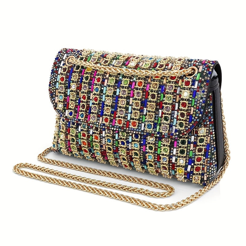 Women's Wallet, Large-Capacity Evening Clutch Bag with Full-Diamond Rhinestones, Gold Chain & Multicolor Finish
