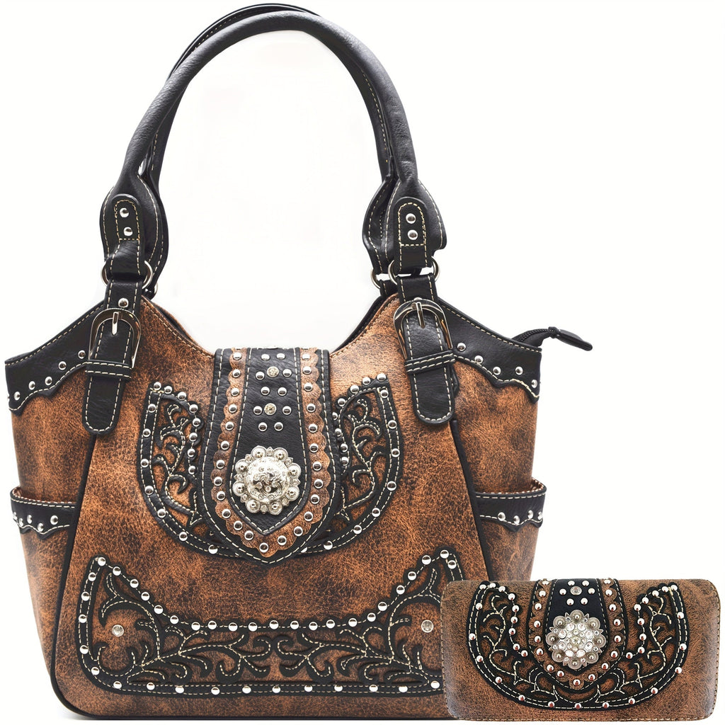 Women's Wallet Western Rhinestone Tote and Wallet Set with Concho Studs, Multi-Pocket Storage & Brown Finish
